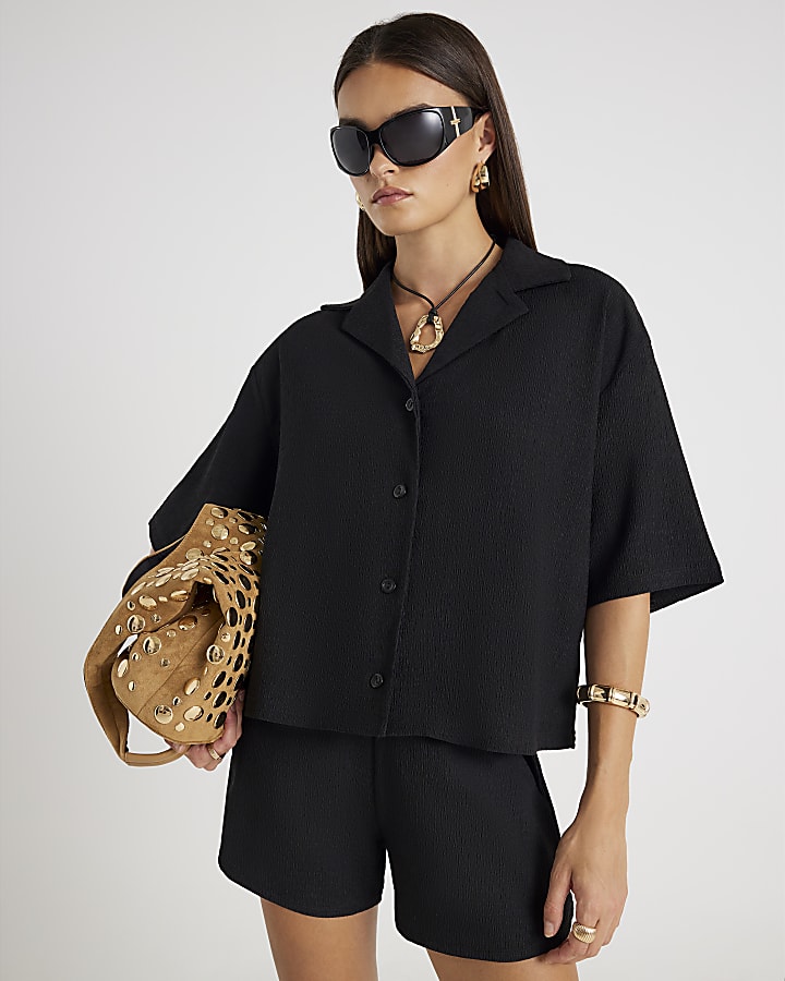Black Short Sleeve Textured Shirt