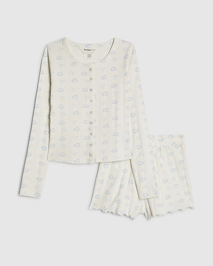 White Cardigan And Shorts Pyjama Set
