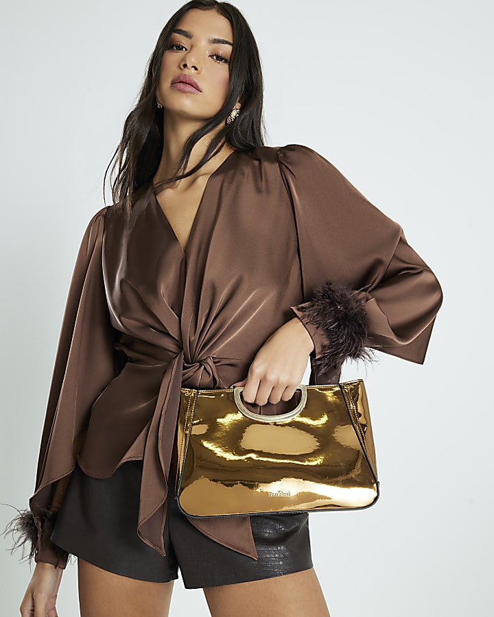 Bronze Metallic Metal Handle Clutch Bag