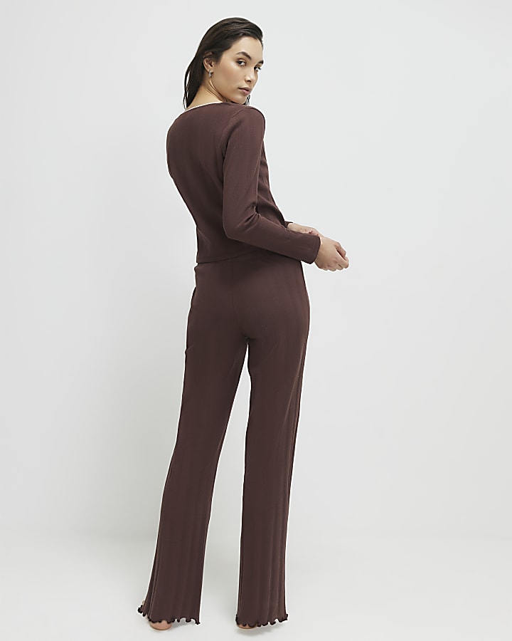 Brown Pointelle Wrap Front Loungewear Set