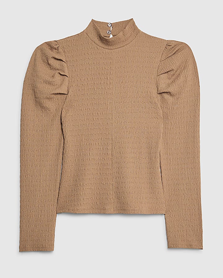 Beige Long Sleeve Ruched Shoulder Top