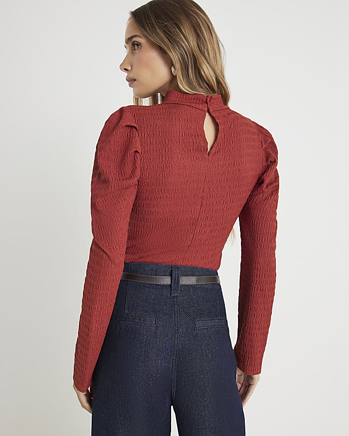 Red Long Sleeve Ruched Shoulder Textured Top