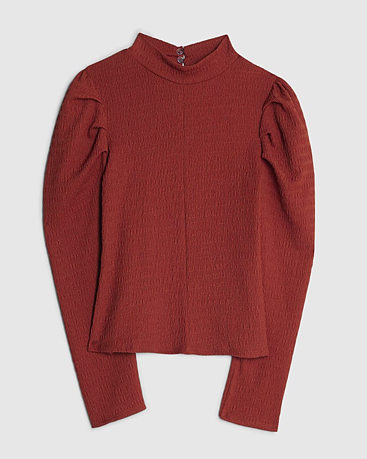 Red Long Sleeve Ruched Shoulder Textured Top