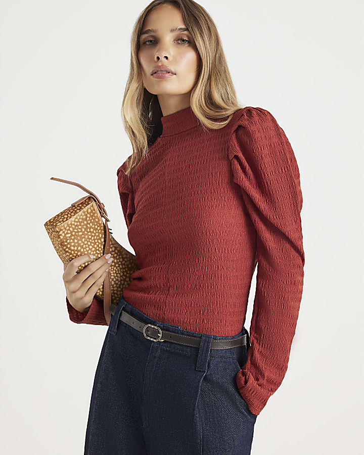 Red Long Sleeve Ruched Shoulder Textured Top