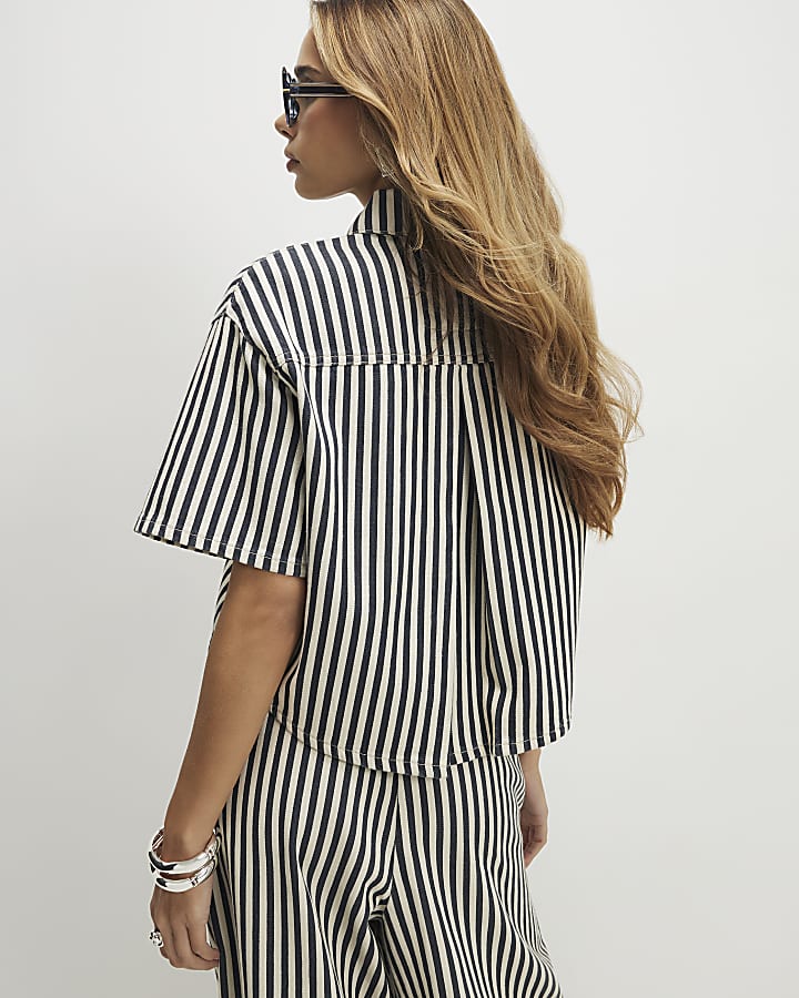White Denim Striped Boxy Fit Shirt