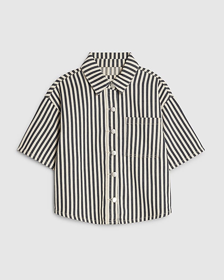 White Denim Striped Boxy Fit Shirt