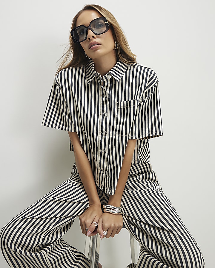 White Denim Striped Boxy Fit Shirt