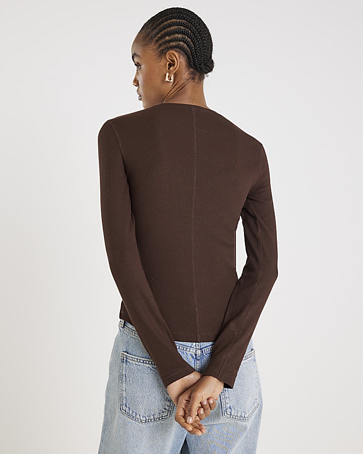 Brown Long Sleeve Ribbed Crew Neck Top