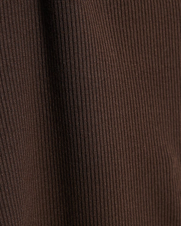 Brown Long Sleeve Ribbed Crew Neck Top