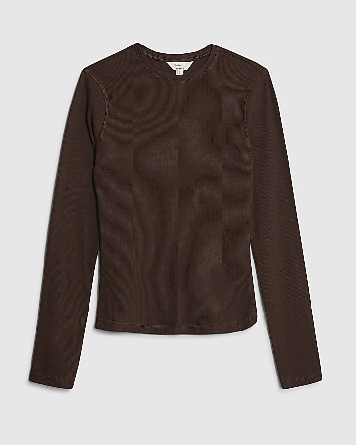 Brown Long Sleeve Ribbed Crew Neck Top