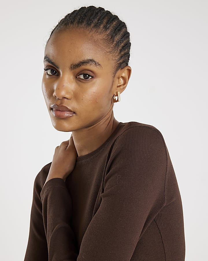 Brown Long Sleeve Ribbed Crew Neck Top