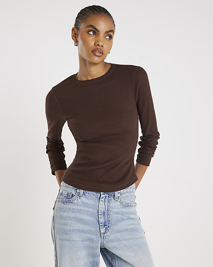 Brown Long Sleeve Ribbed Crew Neck Top