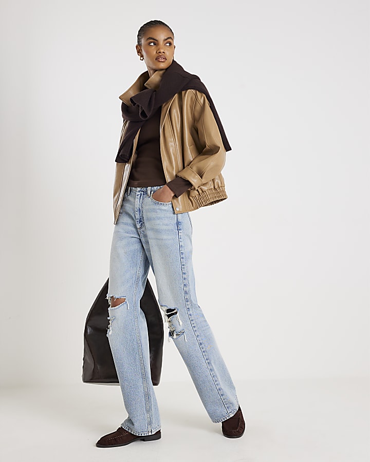 Brown Long Sleeve Ribbed Crew Neck Top