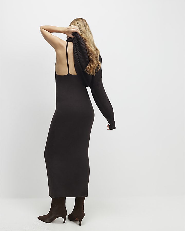 Brown 2 In 1 Jumper Maxi Dress