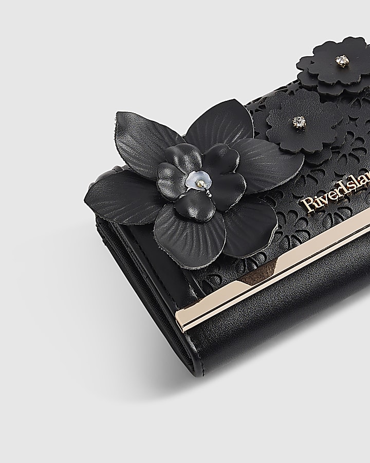 Black 3D Floral Laser Cut Clip Top Purse