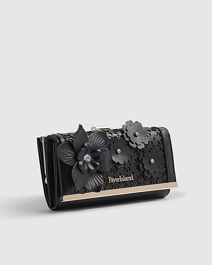 Black 3D Floral Laser Cut Clip Top Purse