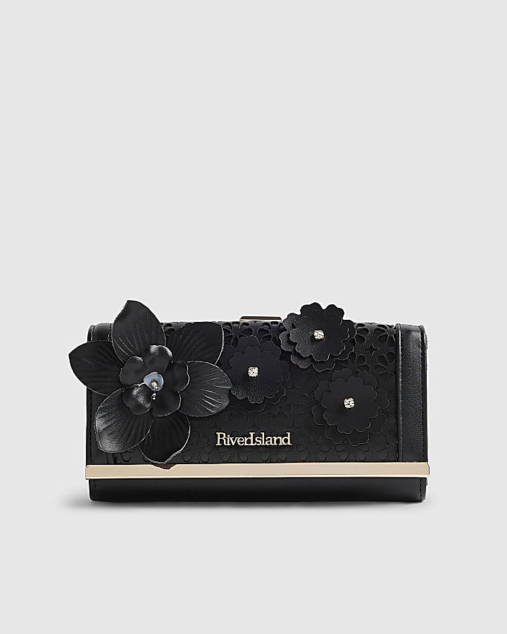 Black 3D Floral Laser Cut Clip Top Purse