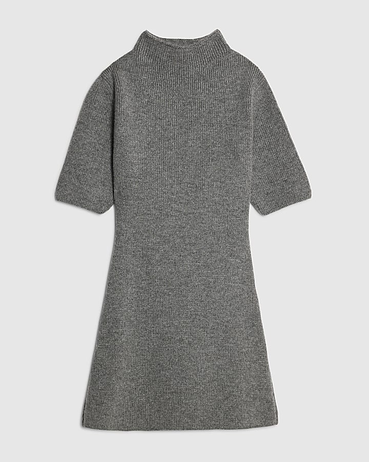 Grey Knitted High Neck Mini Dress