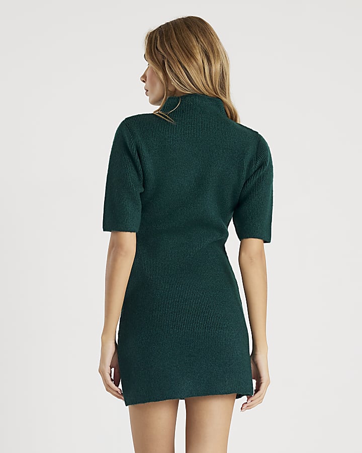 Green Knitted High Neck Mini Dress
