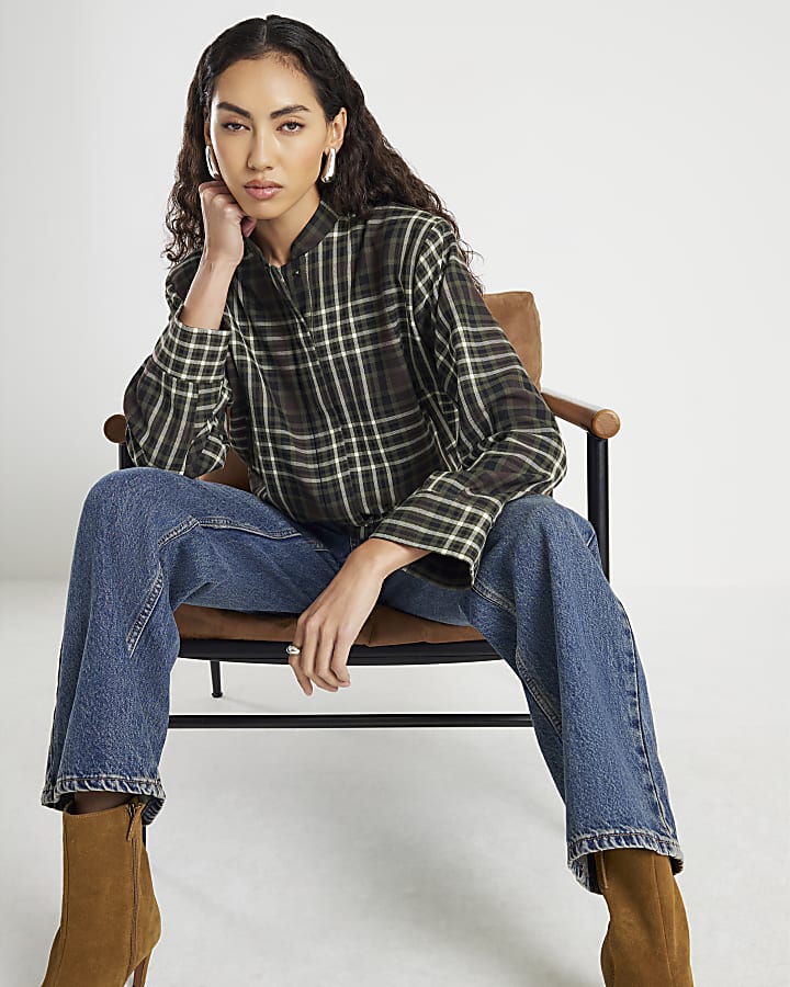 Green Long Sleeve Check Bomber Jacket