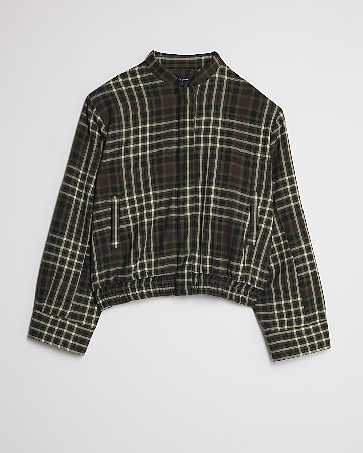 Green Long Sleeve Check Bomber Jacket