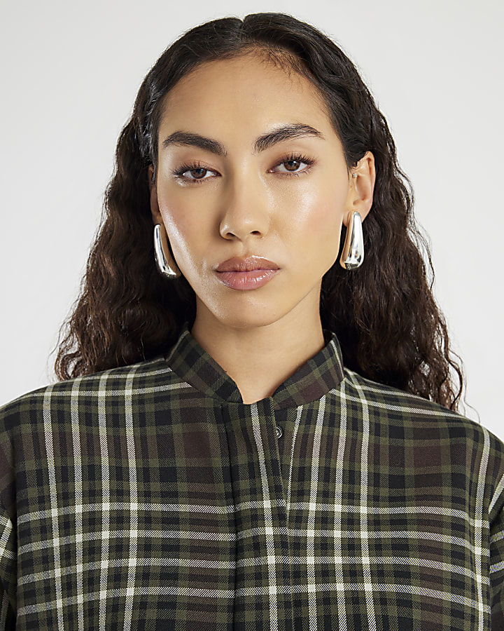 Green Long Sleeve Check Bomber Jacket