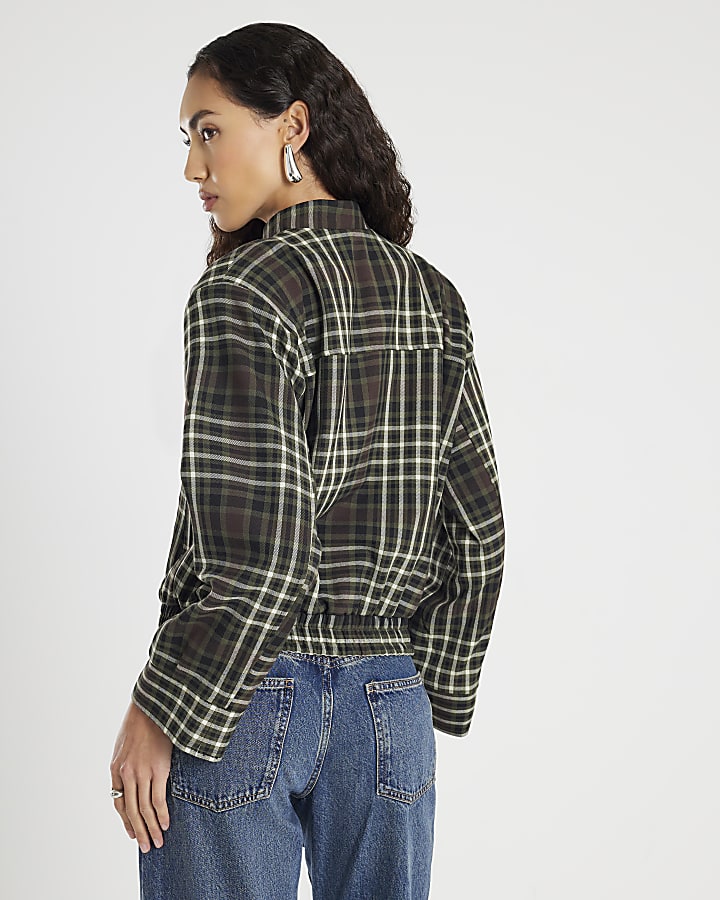 Green Long Sleeve Check Bomber Jacket