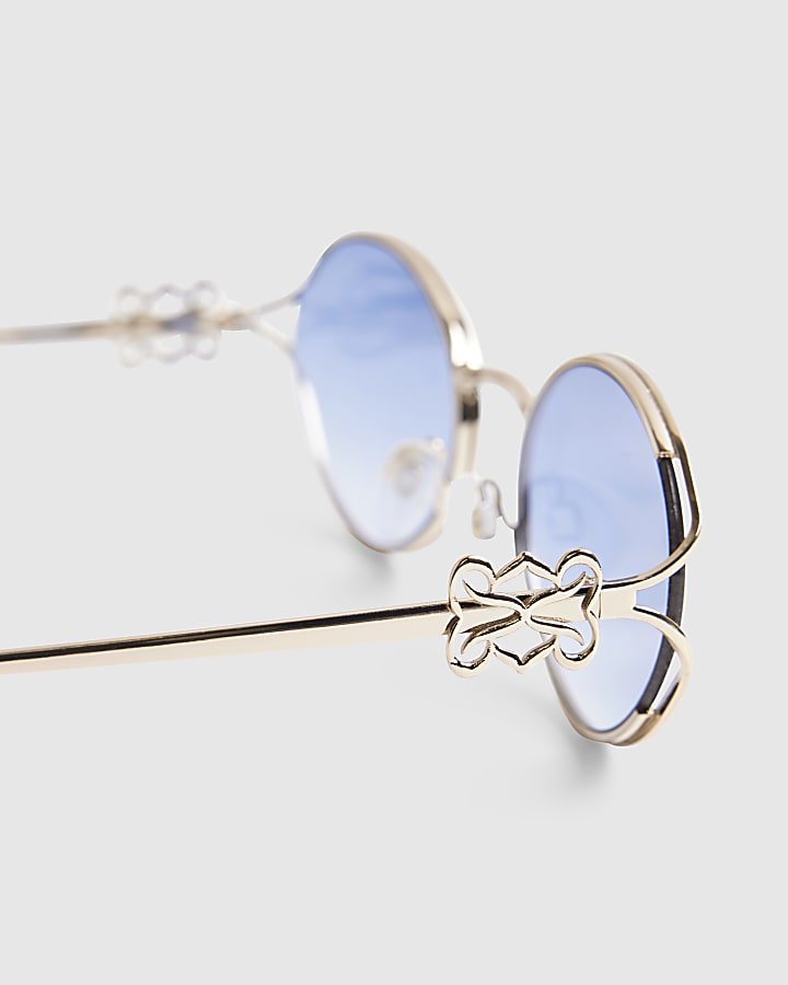 Gold Slim Blue Tinted Oval Sunglasses