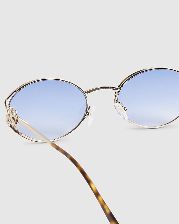 Gold Slim Blue Tinted Oval Sunglasses