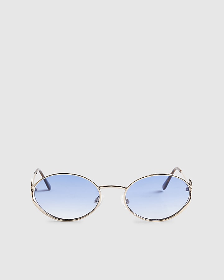Gold Slim Blue Tinted Oval Sunglasses
