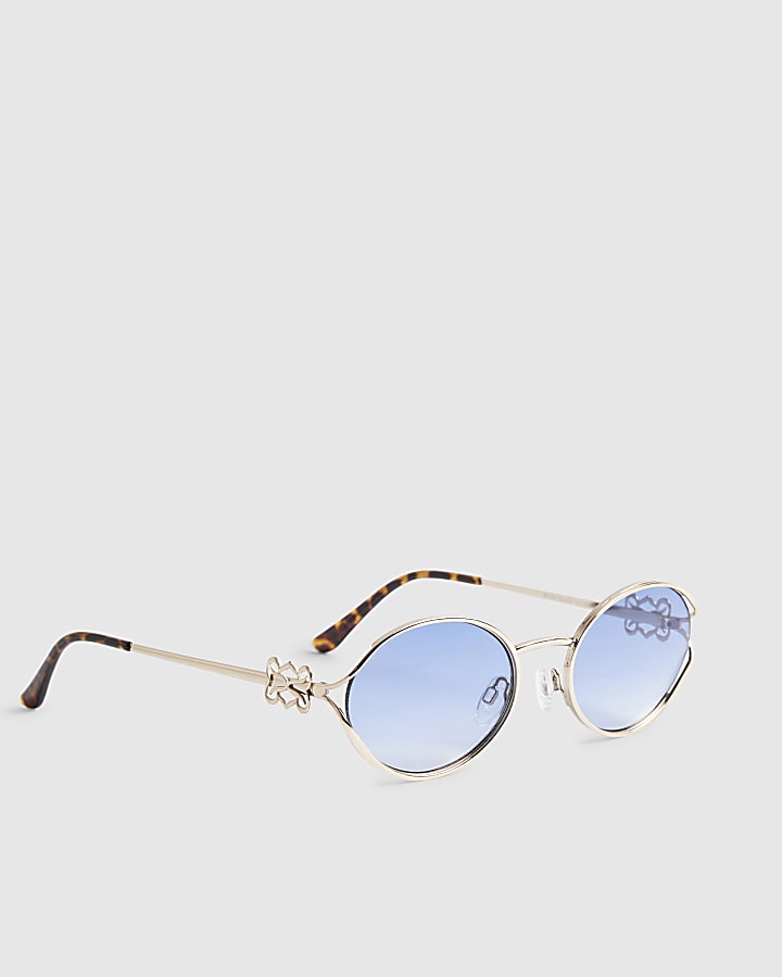 Gold Slim Blue Tinted Oval Sunglasses