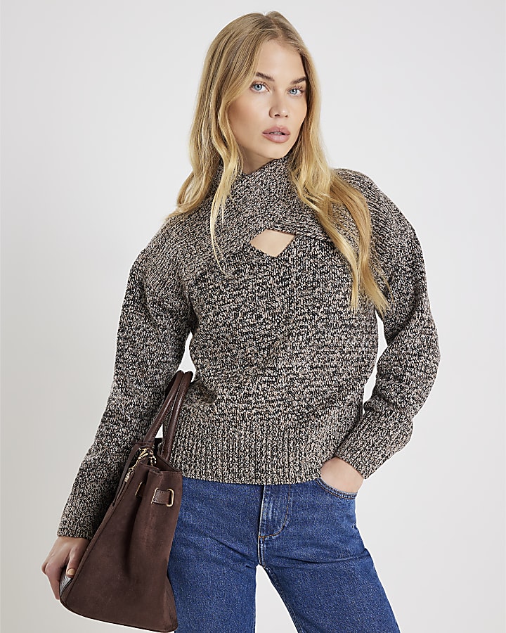 Grey Knit Twist Detail Cut Out Jumper