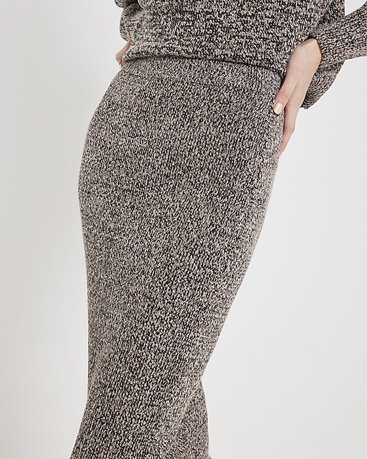 Grey Knit Fitted Midi Skirt