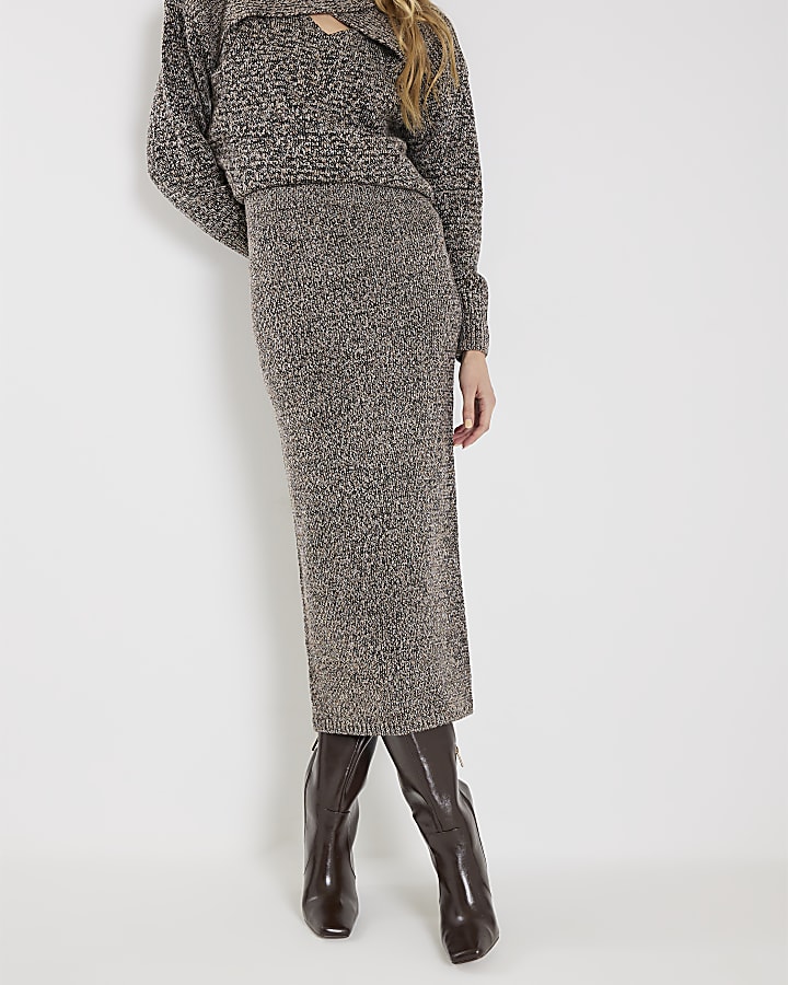 Grey Knit Fitted Midi Skirt