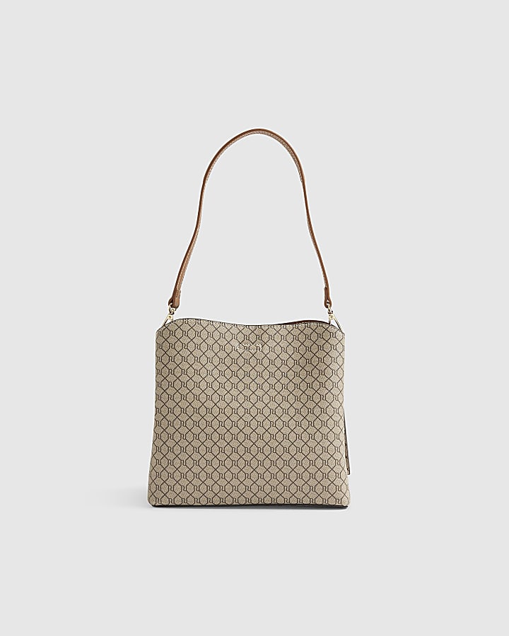 Beige Monogram Print Bucket Bag