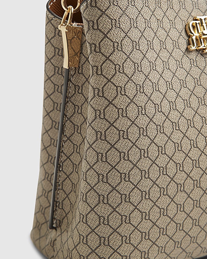 Beige Monogram Print Bucket Bag