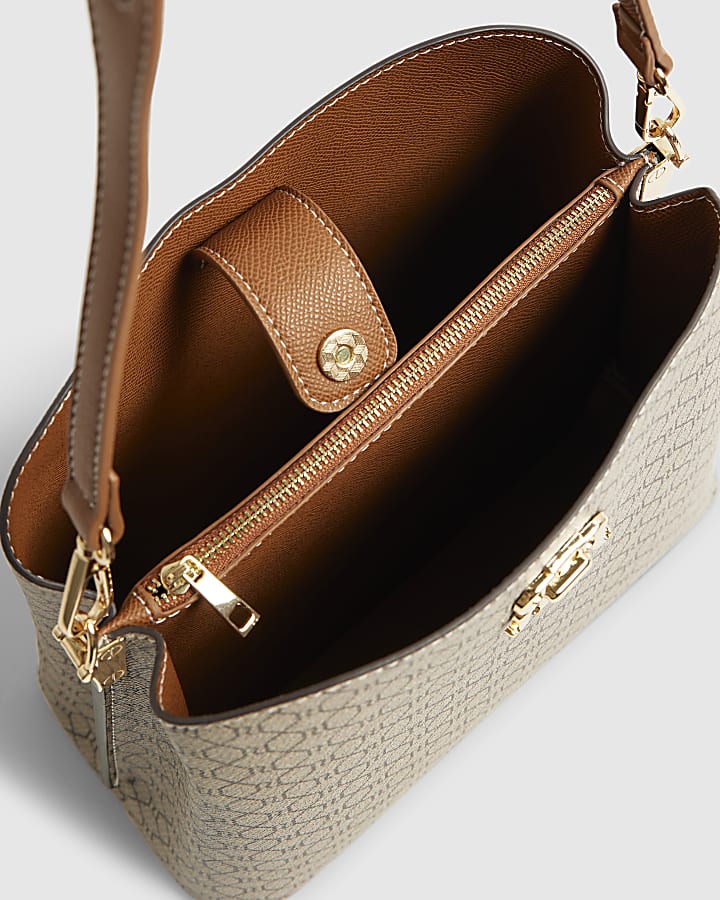 Beige Monogram Print Bucket Bag