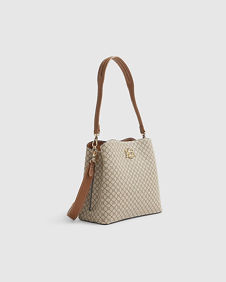Beige Monogram Print Bucket Bag