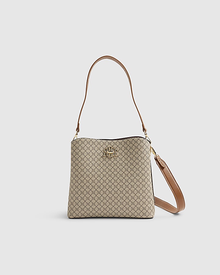 Beige Monogram Print Bucket Bag