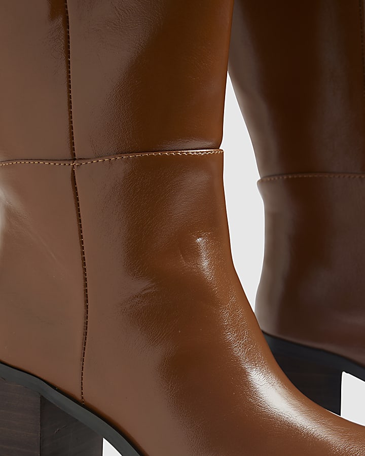 Brown Block Heel High Leg Boots