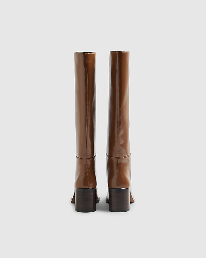 Brown Block Heel High Leg Boots