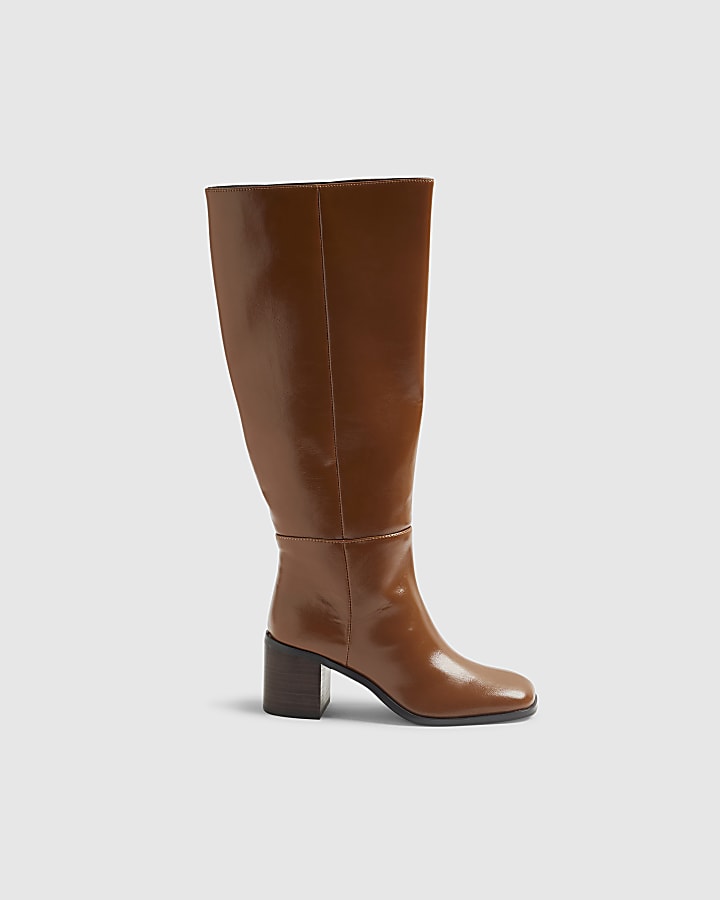 Brown Block Heel High Leg Boots