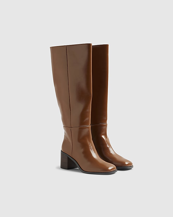 Brown Block Heel High Leg Boots