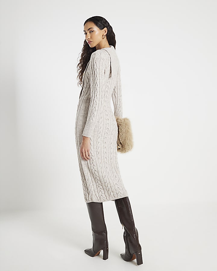 Beige Cable Knit Asymmetric Midi Dress