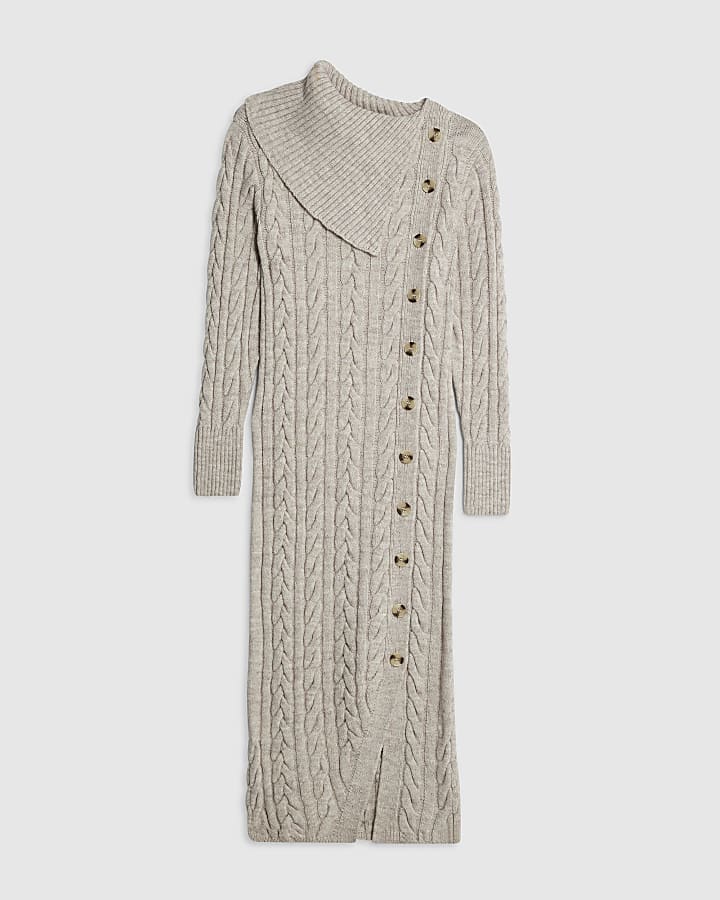 Beige Cable Knit Asymmetric Midi Dress