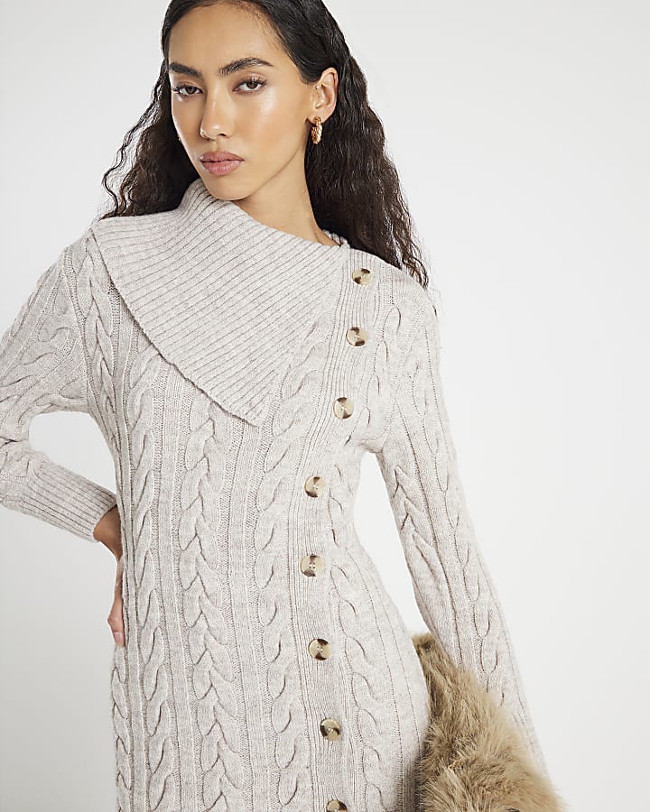 Beige Cable Knit Asymmetric Midi Dress