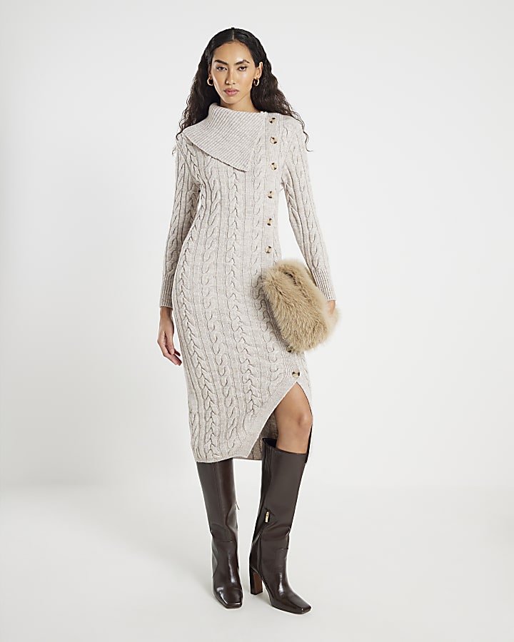 Beige Cable Knit Asymmetric Midi Dress