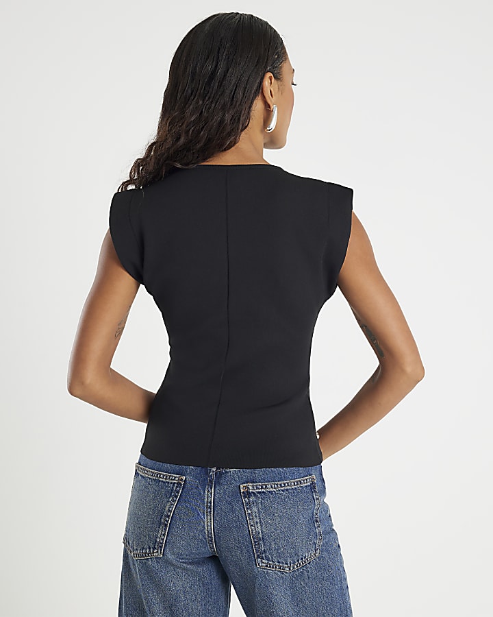 Black Knit Sleeveless Studded Fitted Top