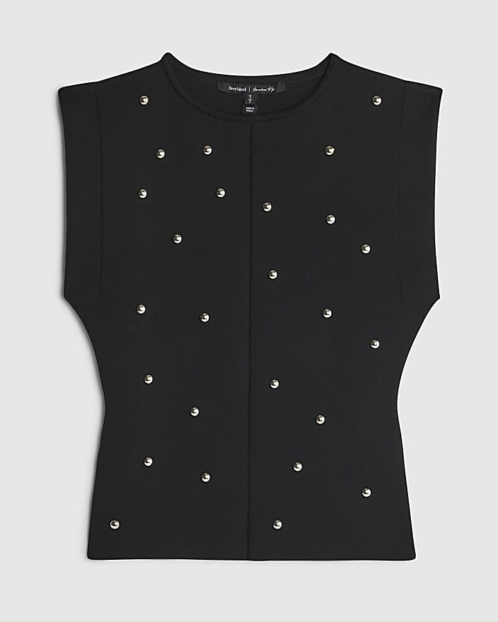 Black Knit Sleeveless Studded Fitted Top