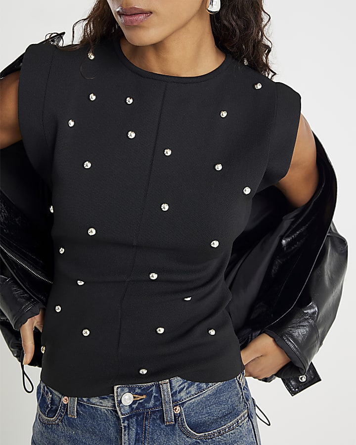 Black Knit Sleeveless Studded Fitted Top